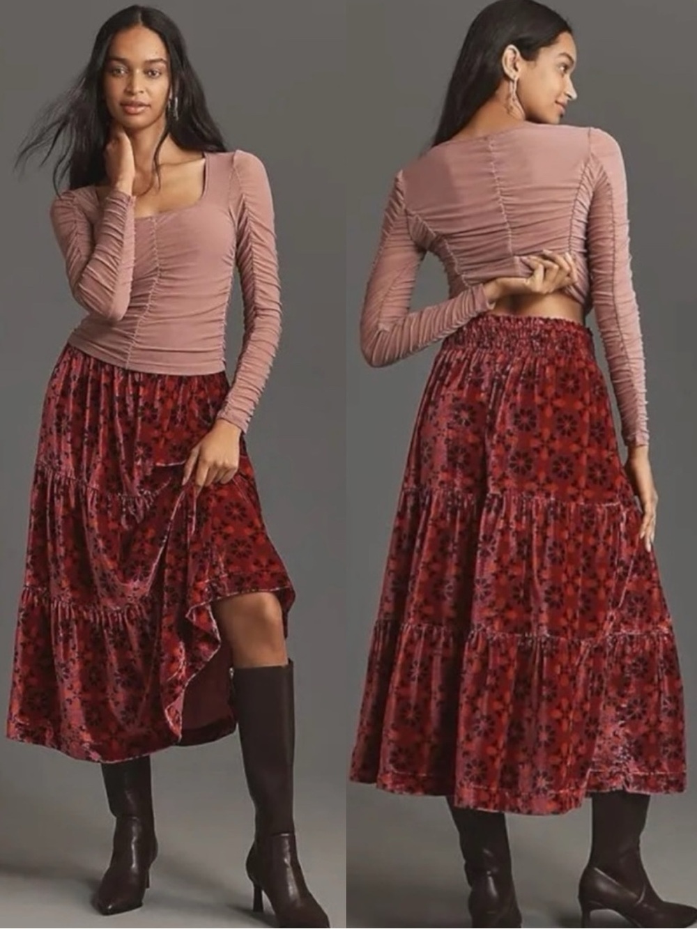 Anthropologie The Somerset Maxi Skirt Nina Pace Velvet Edition Medium Cranberry